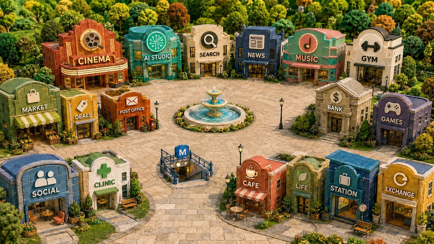 A handcrafted village with a cinema, market, music shop and tree-lined plaza.